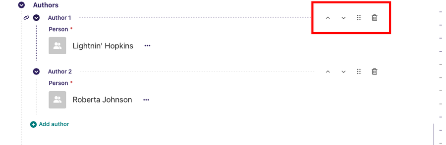 Authors block with two Authors child items each containing a People field The first blocks controls to the right are highlighted in red