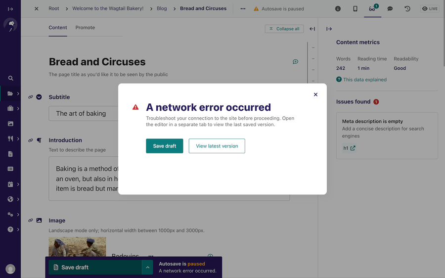 Network error message while editing a page in Wagtail CMS