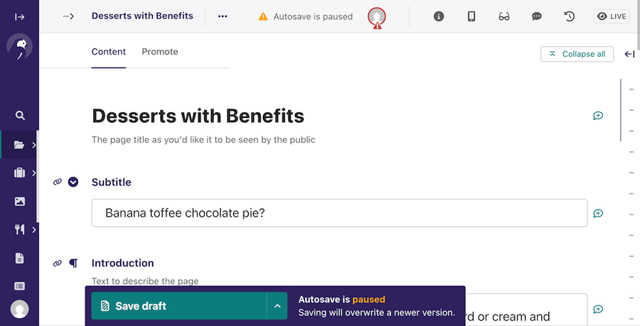 Autosave indicator in page editor, paused status with warning icon