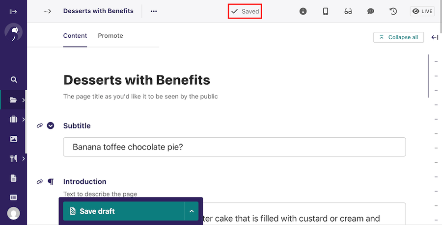 Autosave indicator in page editor, saved status