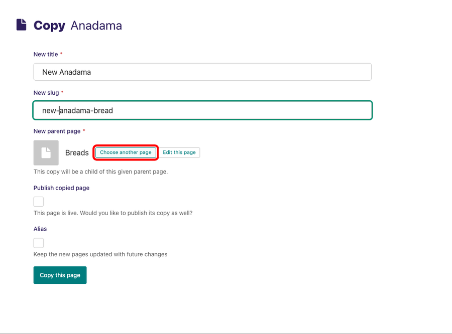 Clicking the change button during the copy page form in order to change the parent of the copied page