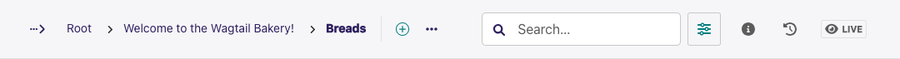 Close-up of the pages breadcrumb with icon buttons next to it The breadcrumb reads Root  Welcome to the Wagtail bakery  Breads