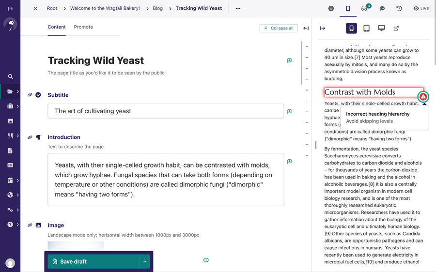 Wagtail page editor with live preview to the side, with a content checker annotation for a heading hierarchy issue