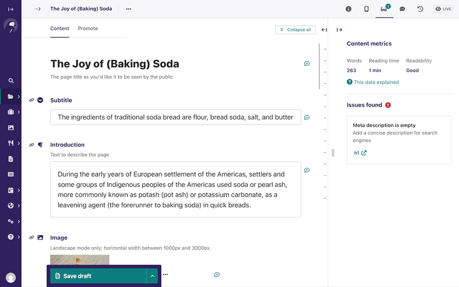 Page editor with content checker issue reported for an empty meta description