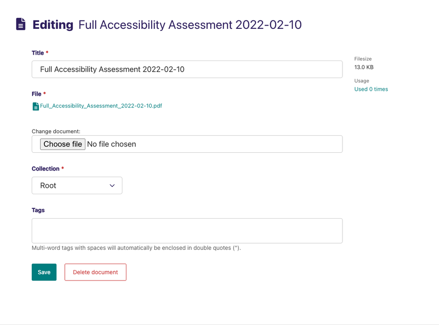 Document editing form for a Cookbook Skillet Cornbread Document To the right we see the file size of 130 KB and a Usage Used 0 times label