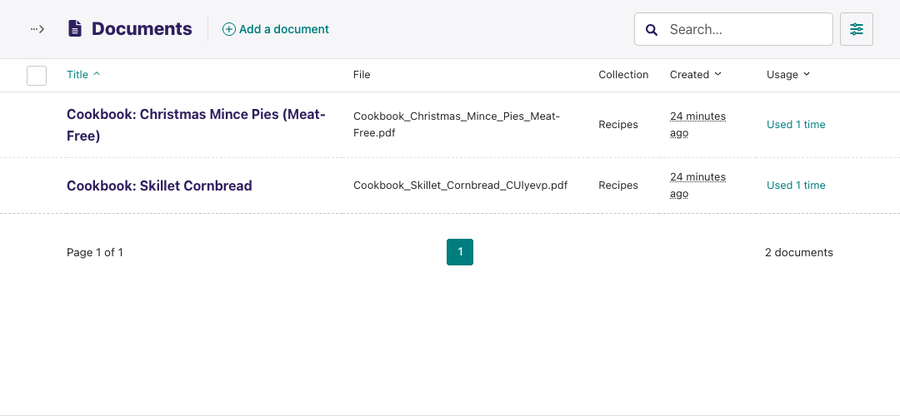 Documents listing with Search field in header Add document button and a Collections dropdown Underneath are 2 rows of documents with a header row above