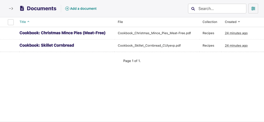 Documents listing with Search field in header Add document button and a Collections dropdown Underneath are 2 rows of documents with a header row above