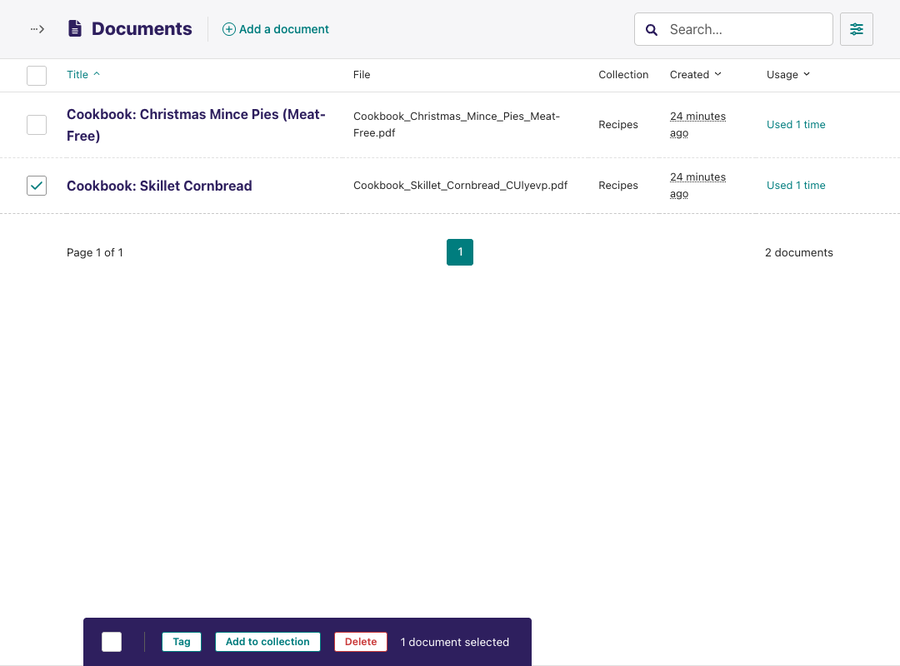 Documents listing with two items one of which is selected with their left-hand checkbox Underneath an action menu shows different actions and the text 1 document selected