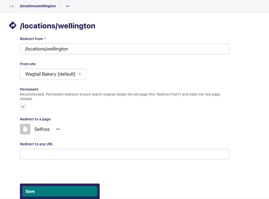 Editing form for a redirect with from fields Site field permanent checkbox and destination fields for page and URL options