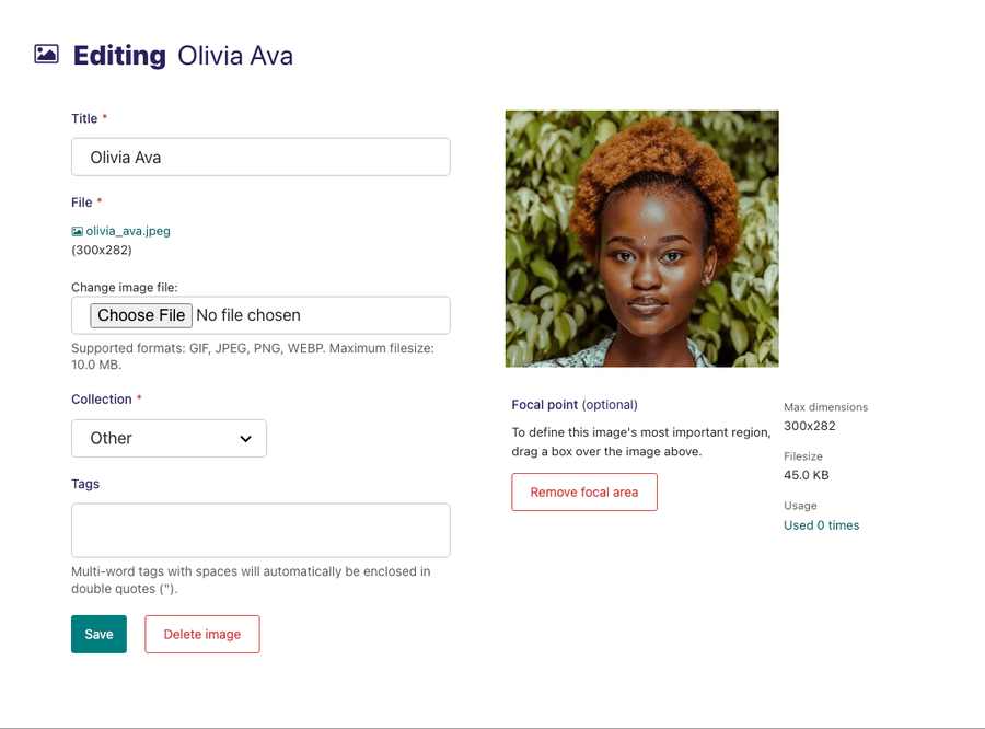 Image editing form for Olivia Ava image. To the right of the form is an image preview, focal point controls, and metadata about the image