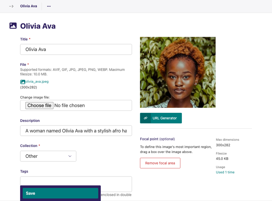 Image editing form for Olivia Ava image To the right of the form is an image preview focal point controls and metadata about the image