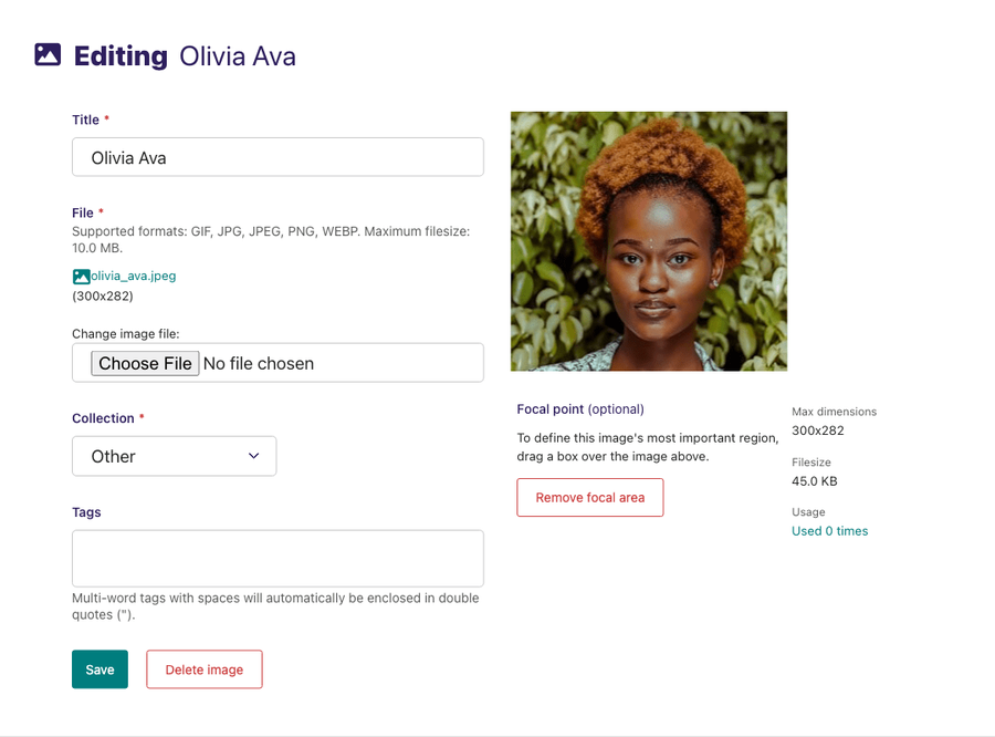 Image editing form for Olivia Ava image To the right of the form is an image preview focal point controls and metadata about the image