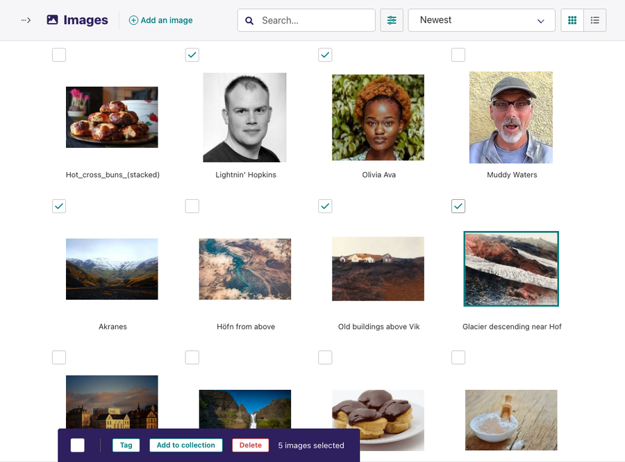 Images listing with checkboxes shown next to images Five images are selected and a bottom menu shows different actions as well as a 5 images selected label