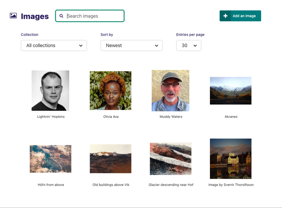 Images listing, with header and images grid