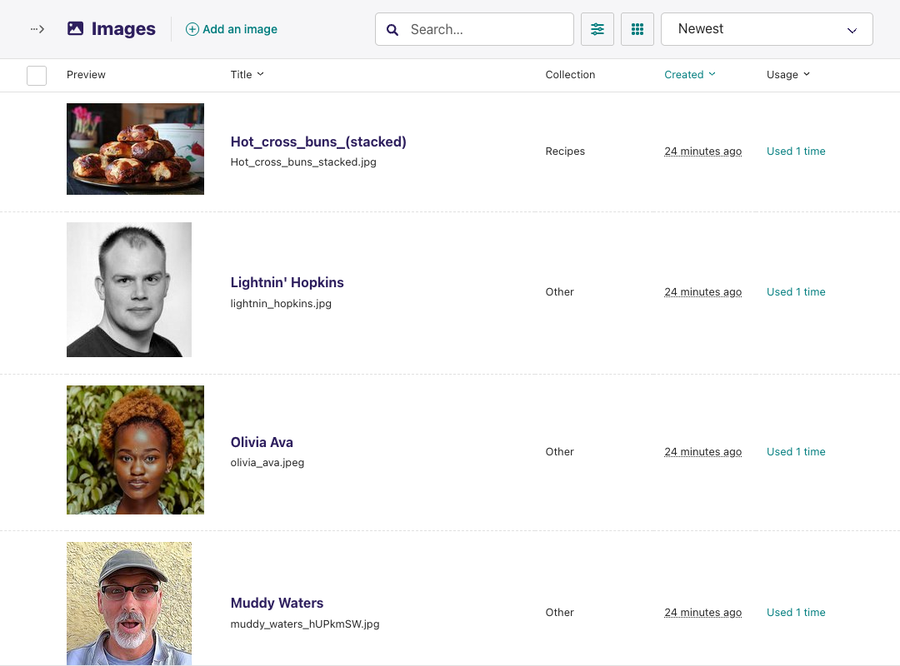 Images listing with header and images list