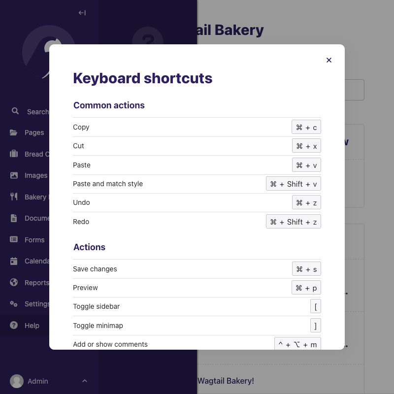 Keyboard shortcuts dialog
