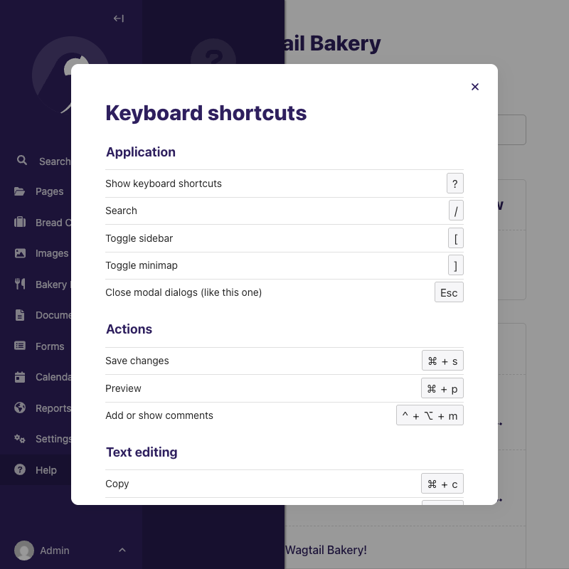 Keyboard shortcuts dialog