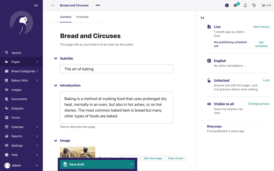 Page editor for "Breads and Circuses" blog page, with the info side panel opened to the right, showing the page’s metadata