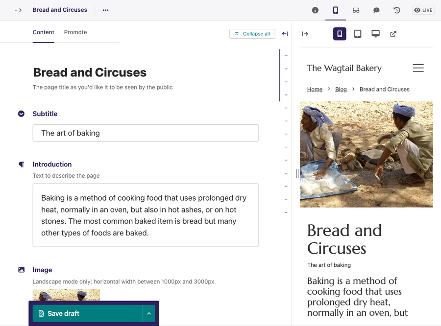 Page editor for Bread and Circuses page The form to the left and to the right the Preview side panel is expanded showing the page as it would appear to users on Mobile devices