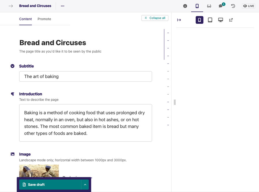 Page editor for Bread and Circuses page The form to the left and to the right the Preview side panel is expanded showing the page as it would appear to users on Mobile devices