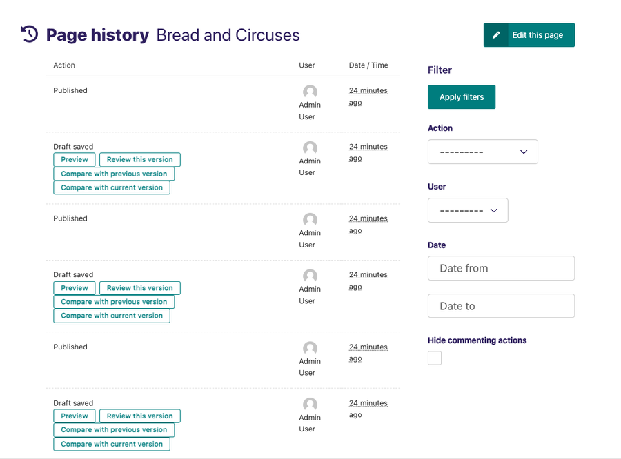 Page history for Breads and circuses with a listing of actions and a filtering form to the right