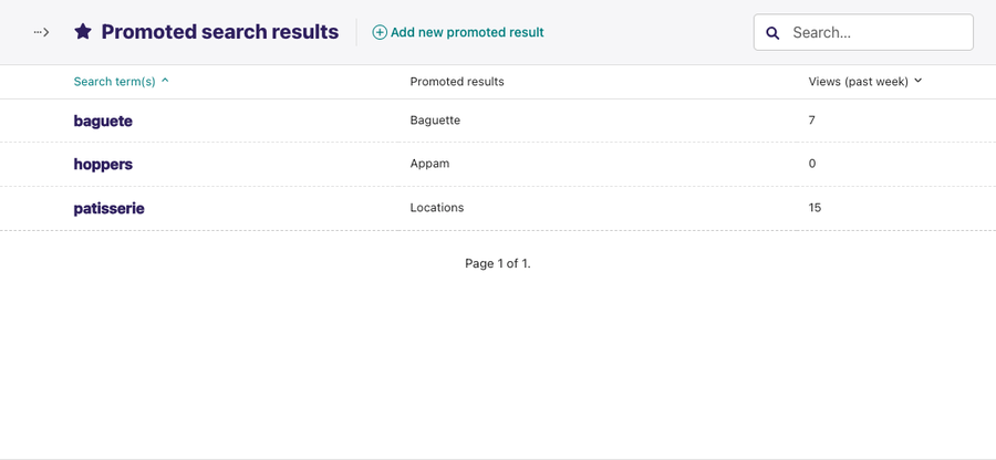 Promoted results listing with search field Add button and four results listed under as rows