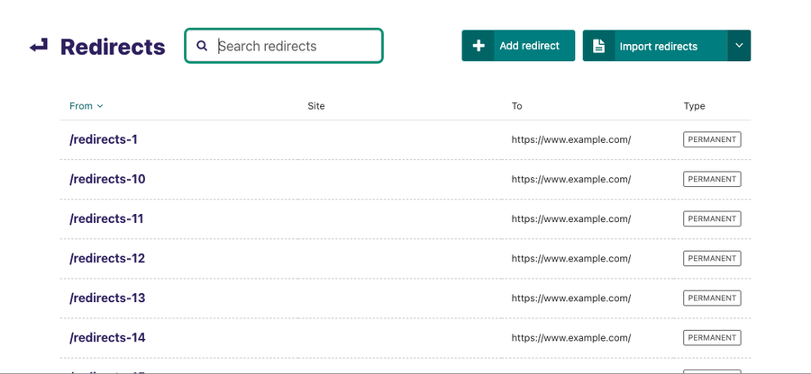 Redirects listing, with a search field in the header, buttons to add and import redirects, and rows of existing underneath