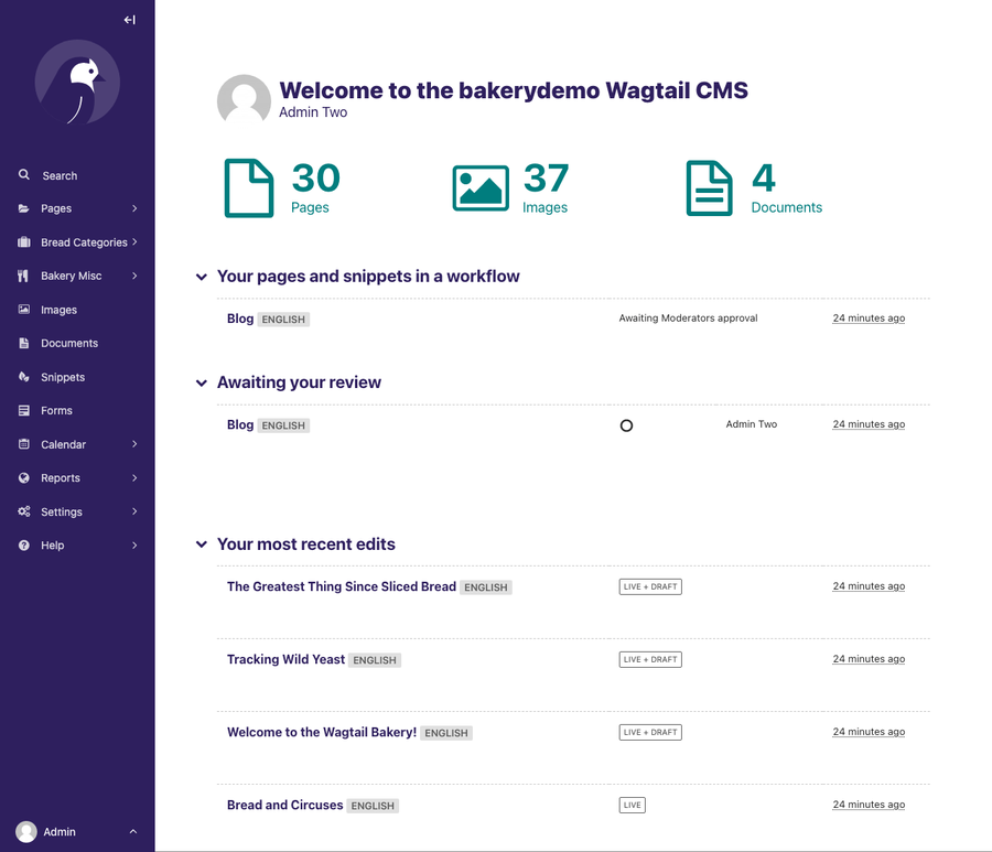 Screenshot of Wagtail’s dashboard, with sidebar, header, summary metrics, and listing for pages in different states