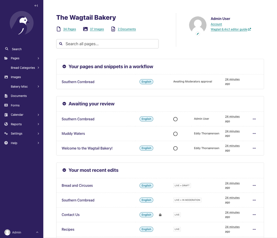 Screenshot of Wagtails dashboard with sidebar header summary metrics and listing for pages in different states