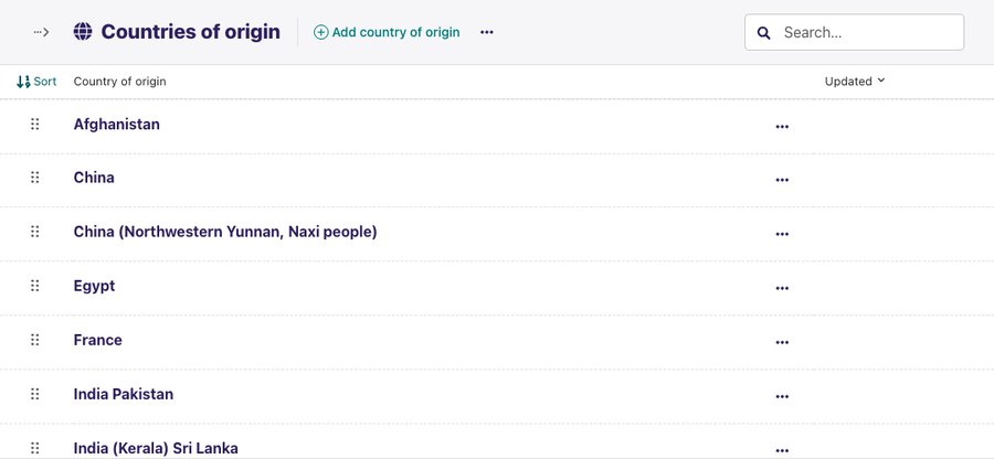 Snippets listing for countries with manual reordering support