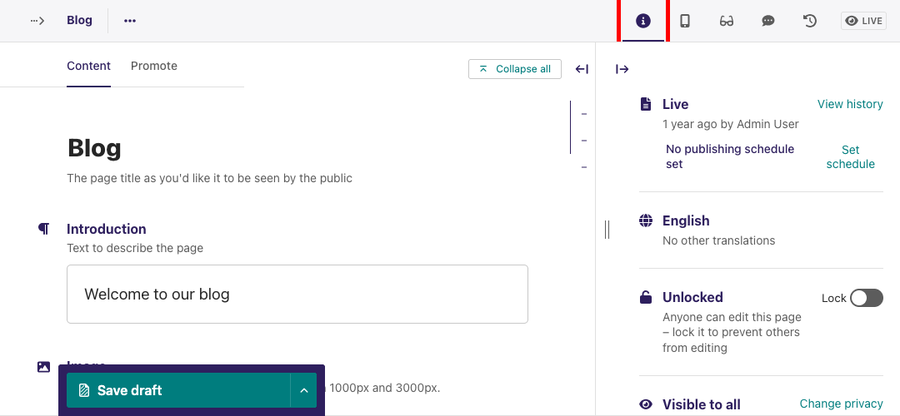 The page editing form with its Info side panel opened to the right and the Info side panel toggle highlighted