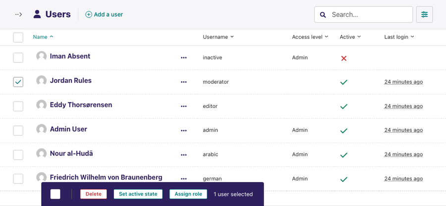 The users listing with checkboxes in the first column The checkbox for the Admin user row has been checked and a footer with different actions shows at the bottom of the screen