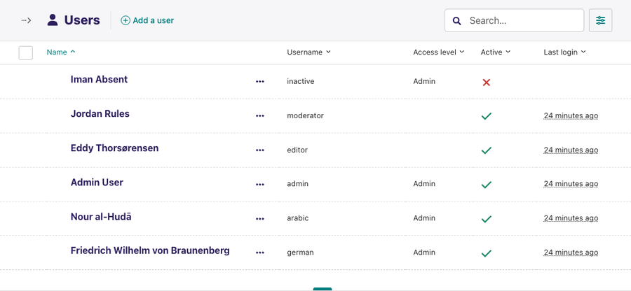 The users listing with search and a CTA to add users This shows three rows with users Olivia Ava Admin User and Muddy Waters