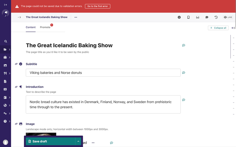 Validation error message on page publish with go to first error shortcut button