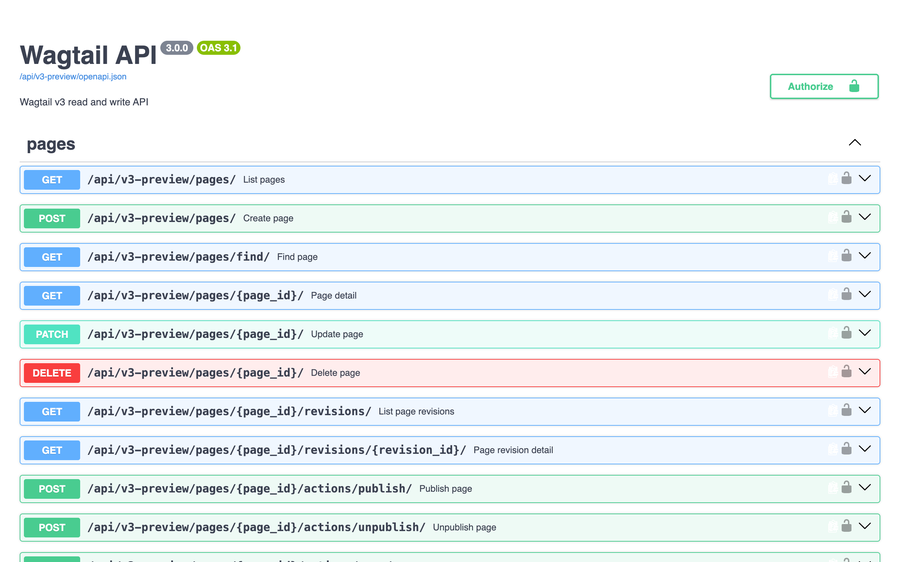 Preview of the Wagtail v3 API documentation showing an OpenAPI schema generated from a site's models, with a list of pages endpoints and example request and response