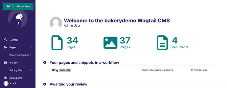 Wagtail dashboard with the skip link