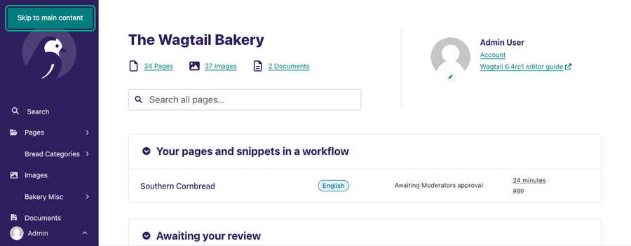 Wagtail dashboard with the skip link