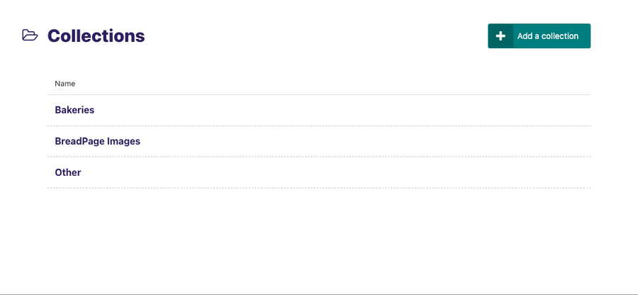 Collections listing with three rows: Bakeries, BreadPage Images, Other