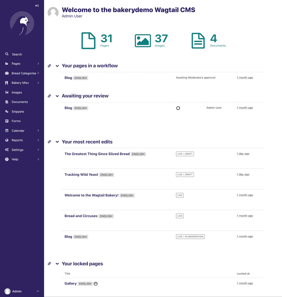 Screenshot of Wagtail’s dashboard, with sidebar, header, summary metrics, and listing for pages in different states