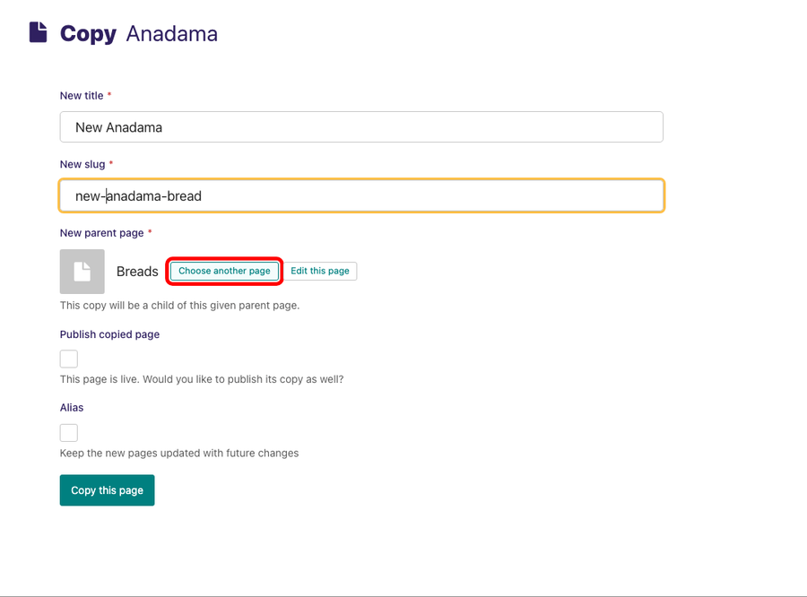 Clicking the change button during the copy page form in order to change the parent of the copied page